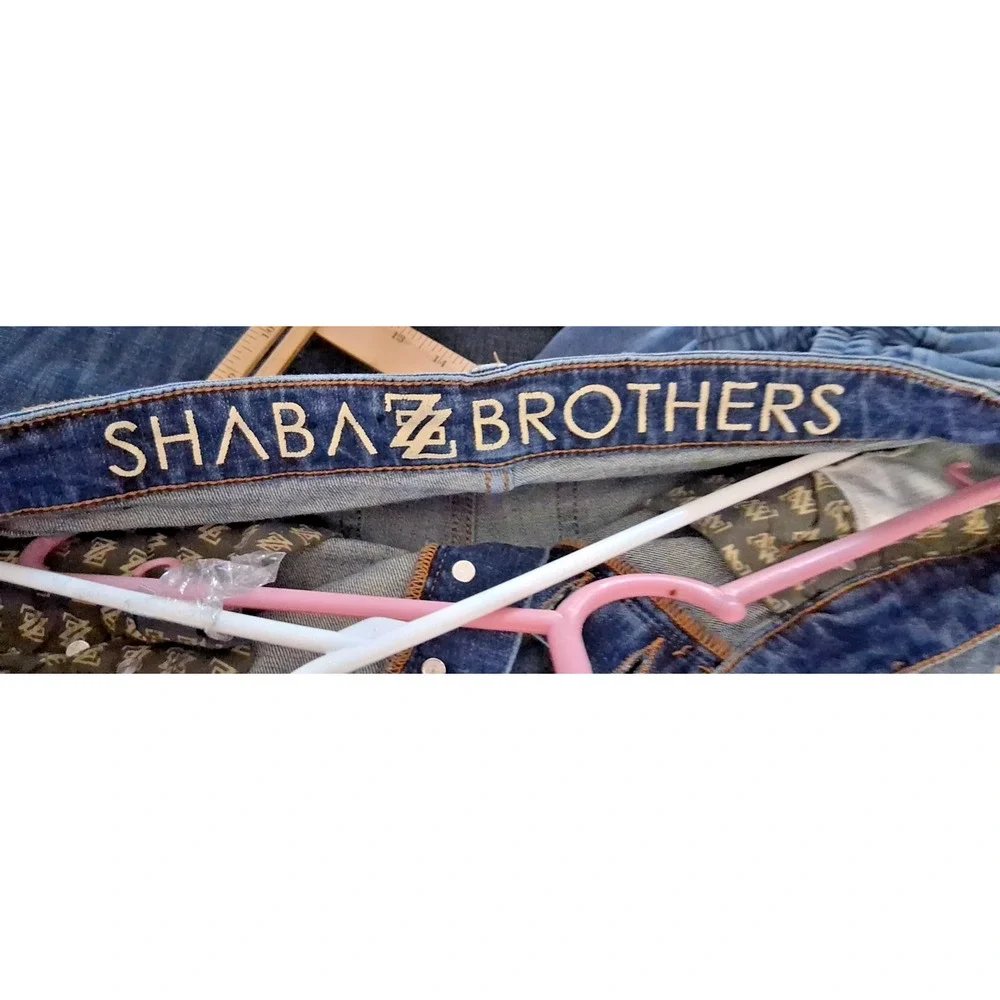 Shabaz Brothers Mens Skinny Jeans 34 Distressed Ripped Paint Splatter Blue Denim